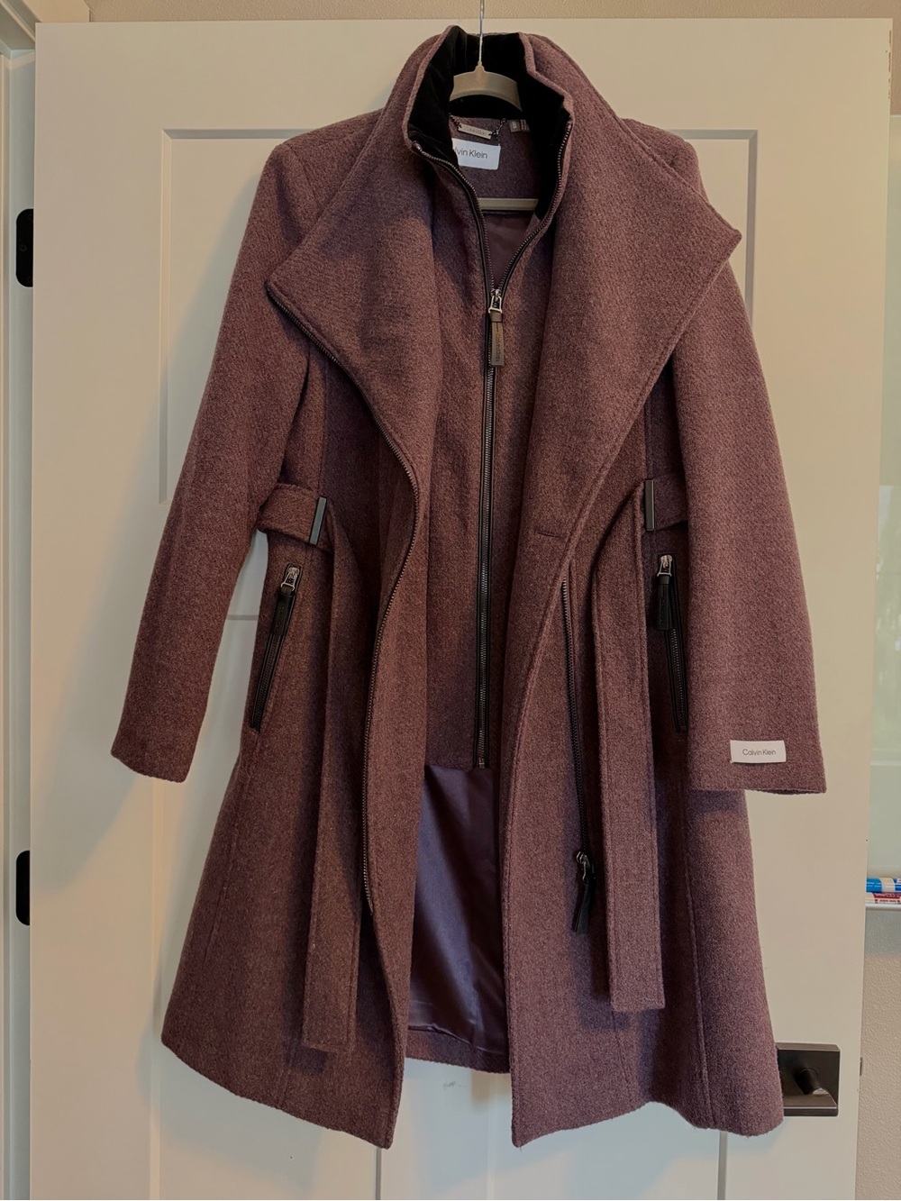 Calvin Klein Mauve Wool-Blend Belted Moto Coat